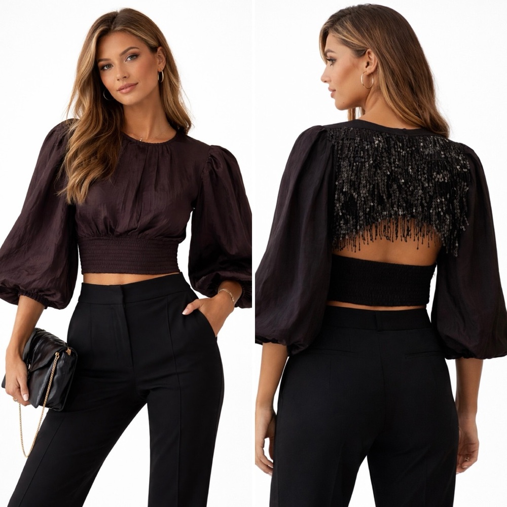Current Air Sequin Open Back Puff Sleeve Cropped Blouse Size XS🧡